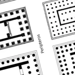 Plany architektoniczne starożytnych świątyń, w tym szczegółowy **Partenon plan**. Widoczne kolumnady i układy pomieszczeń.
