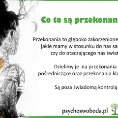 Przekonania kluczowe przykłady: głęboko zakorzenione poglądy o sobie i świecie, poza świadomą kontrolą. Sylwetka kobiety z lasem w tle.