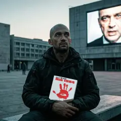 Mężczyzna trzyma książkę "Rok 1984" George'a Orwella. Na ekranie w tle widnieje twarz Wielkiego Brata.