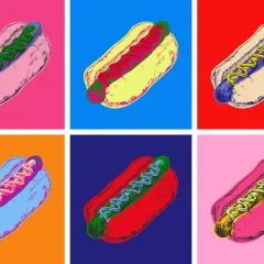 Sześć hot-dogów w stylu pop-art, każdy na innym kolorowym tle. Kolorowe przykłady sztuki.