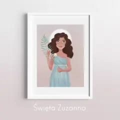 Święta Zuzanna w błękitnej sukni, z gałązką i kwiatem, symbolizującymi jej czystość i męczeństwo.