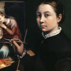 Młoda artystka tworzy swój autoportret, malując na płótnie scenę z Madonną i Dzieciątkiem.