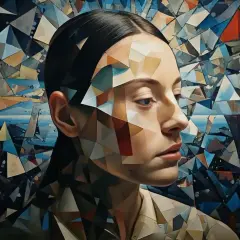 Portret kobiety z geometrycznymi kształtami na twarzy, symbolizujący projekcję psychologiczną. Przykłady takich wizualizacji pokazują złożoność umysłu.