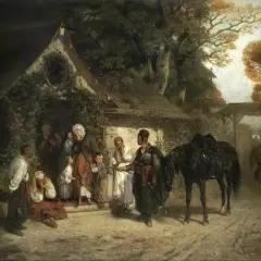 Scena pożegnania przy chacie, z ludźmi w strojach ludowych i końmi. Złote światło sugeruje babie lato interpretacja.