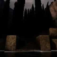 Mroczna, kamienna sceneria przypominająca "Arnold Böcklin Wyspa Umarłych". Woda, schody i cyprysy tworzą atmosferę tajemnicy.
