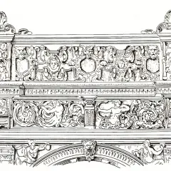Bogaty ornament okuciowy z groteskami, twarzami, muszlami i postaciami mitologicznymi.