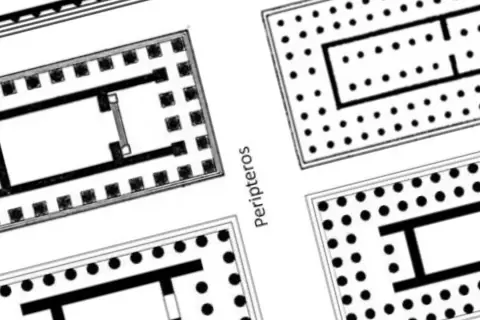 Plany architektoniczne starożytnych świątyń, w tym szczegółowy **Partenon plan**. Widoczne kolumnady i układy pomieszczeń.