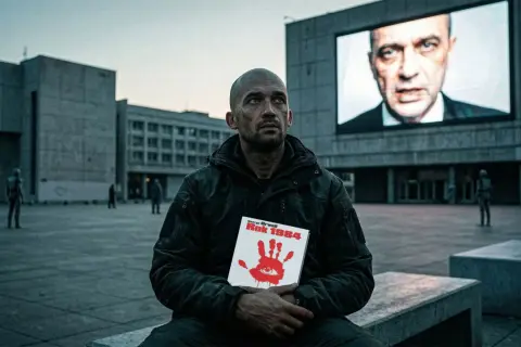 Mężczyzna trzyma książkę "Rok 1984" George'a Orwella. Na ekranie w tle widnieje twarz Wielkiego Brata.