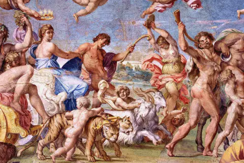 Barwny fresk przedstawia scenę z mitologii: triumfalny pochód z tygrysem, kozłem i postaciami boskimi.