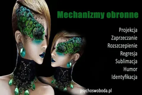 Dwie kobiety z pióropuszami na twarzach, symbolizujące mechanizmy obronne: projekcję, zaprzeczanie, rozszczepienie, regresję, sublimację, humor i identyfikację.
