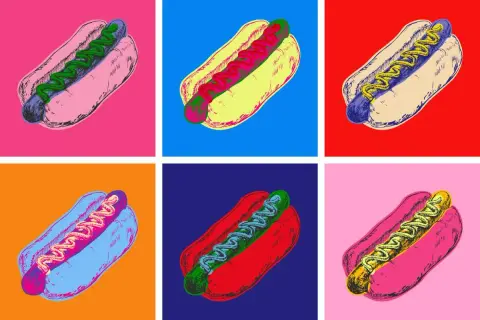 Sześć hot-dogów w stylu pop-art, każdy na innym kolorowym tle. Kolorowe przykłady sztuki.