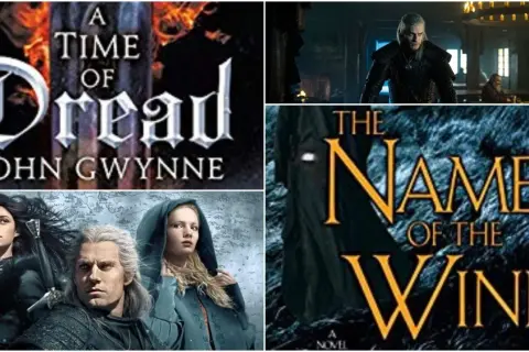 Okładki książek "A Time of Dread" i "The Name of the Wind" oraz postacie z serialu Wiedźmin. Idealne dla fanów szukających książek podobnych do Wiedźmina.