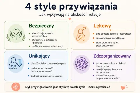 Styl przywiązania: Bezpieczny daje poczucie bezpieczeństwa, łatwo komunikuje potrzeby i granice. Konflikt nie kończy relacji.
