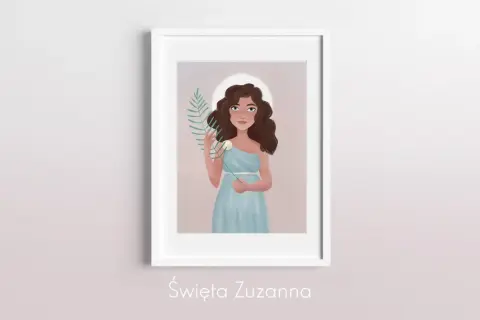 Święta Zuzanna w błękitnej sukni, z gałązką i kwiatem, symbolizującymi jej czystość i męczeństwo.