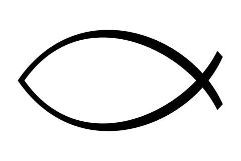 Prosty, czarny symbol ryby, starochrześcijański symbol Chrystusa, na białym tle.