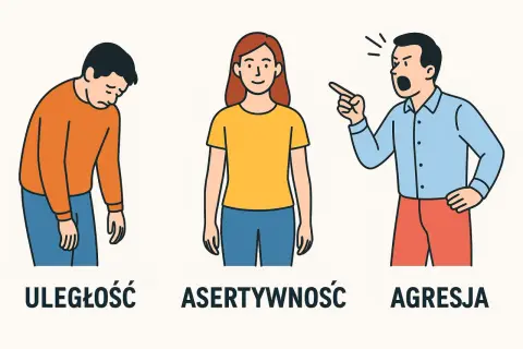 Uległość, asertywność i agresja. Trzy postawy: przygnębiony, spokojna kobieta i krzyczący mężczyzna.