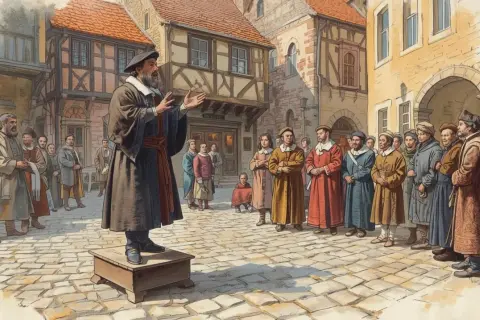 Mężczyzna w stroju z epoki przemawia do zgromadzonego tłumu na brukowanym placu. To scena jak z podręcznika historii, gdzie sztuka po łacinie mogła być częścią nauczania.