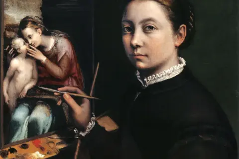 Młoda artystka tworzy swój autoportret, malując na płótnie scenę z Madonną i Dzieciątkiem.