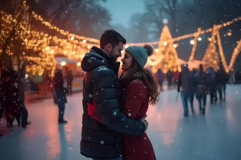 Para zakochanych na lodowisku, otoczona świątecznymi światłami. Idealny moment, by powiedzieć kocham cię.