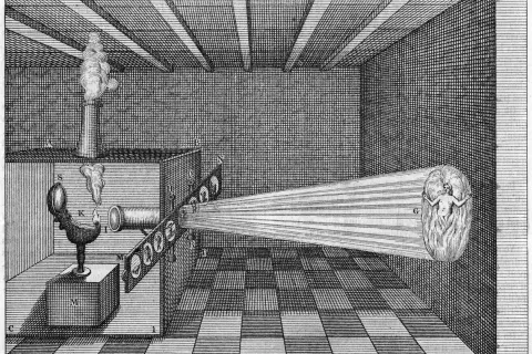 Ilustracja przedstawia eksperyment z optyką, ukazując różne **funkcje sztuki** w nauce: od tworzenia narzędzi po wizualizację zjawisk.