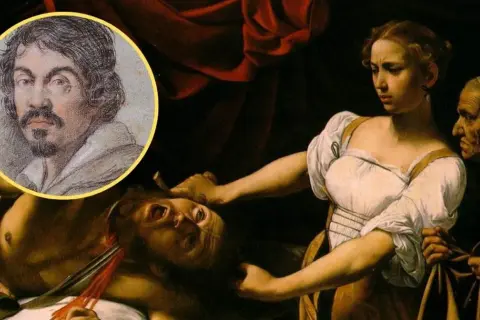 Caravaggio w okręgu, obok sceny ścięcia z kobietą i staruszką. Nawet w okrucieństwie, sztuka jest jak amor zwycięski.