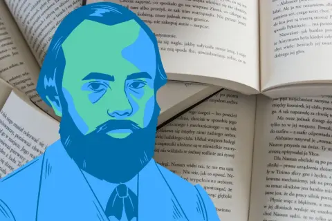Portret mężczyzny na tle otwartej książki, nawiązujący do powieści Dostojewskiego.