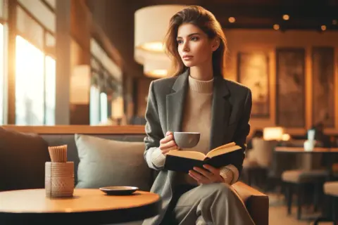 Elegancka kobieta w kawiarni, z kubkiem kawy i książką. Czy to znaczy, że jest singielką? Czas na relaks.