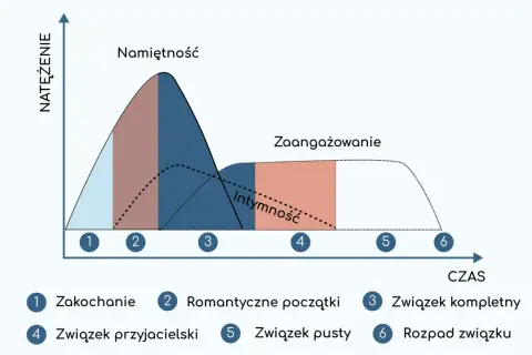 Wykres pokazuje fazy związku: od zauroczenia, przez namiętność, intymność, zaangażowanie, aż po związek pusty i rozpad. Zaniedbanie w związku może prowadzić do pustki.