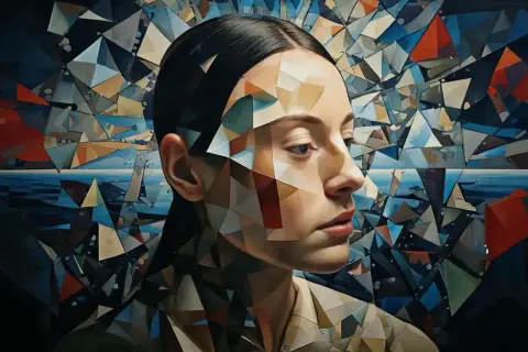 Portret kobiety z geometrycznymi kształtami na twarzy, symbolizujący projekcję psychologiczną. Przykłady takich wizualizacji pokazują złożoność umysłu.
