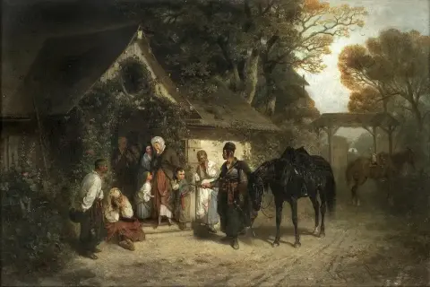 Scena pożegnania przy chacie, z ludźmi w strojach ludowych i końmi. Złote światło sugeruje babie lato interpretacja.