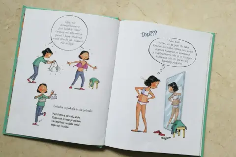 Ilustracje z książki o dojrzewaniu, pokazujące dziewczynki przymierzające biustonosze i bieliznę.