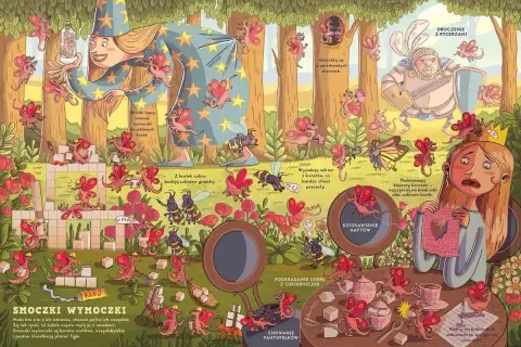 Ilustracja z książki o smokach: małe, skrzydlate smoki psocą w lesie, kradną cukier i drażnią rycerza.