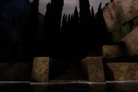 Mroczna, kamienna sceneria przypominająca "Arnold Böcklin Wyspa Umarłych". Woda, schody i cyprysy tworzą atmosferę tajemnicy.