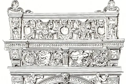 Bogaty ornament okuciowy z groteskami, twarzami, muszlami i postaciami mitologicznymi.