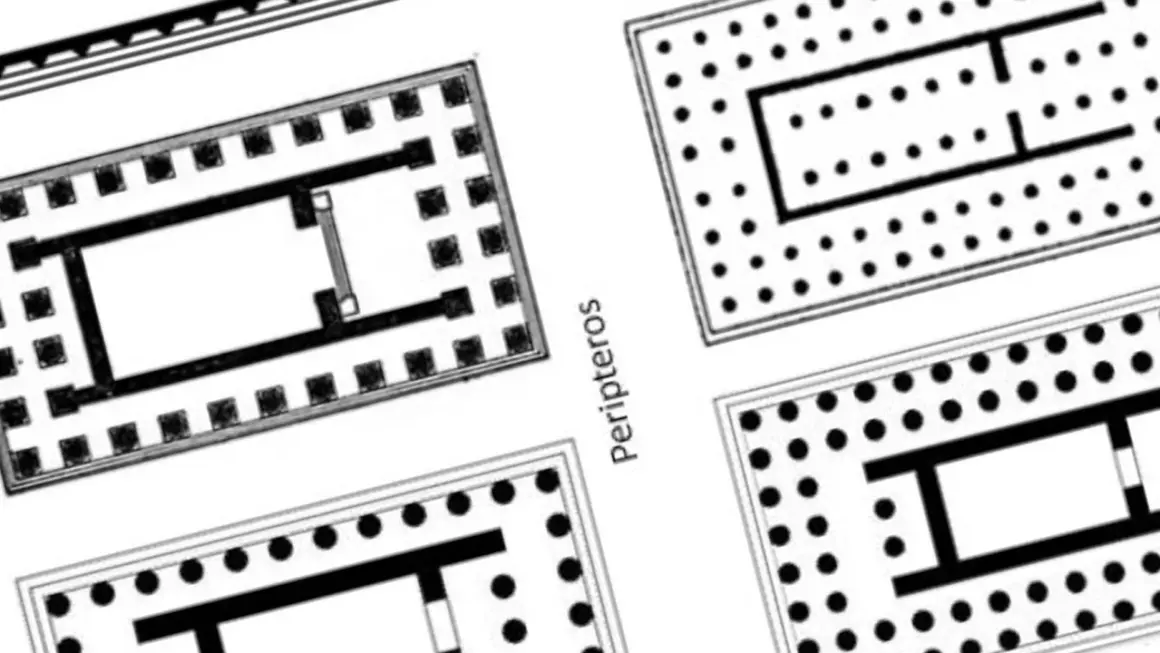 Plany architektoniczne starożytnych świątyń, w tym szczegółowy **Partenon plan**. Widoczne kolumnady i układy pomieszczeń.