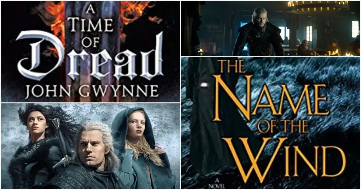 Okładki książek "A Time of Dread" i "The Name of the Wind" oraz postacie z serialu Wiedźmin. Idealne dla fanów szukających książek podobnych do Wiedźmina.