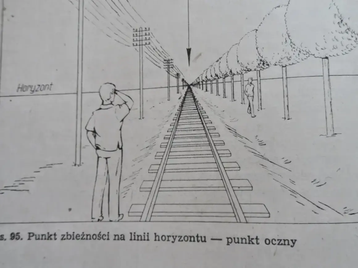 Linia kolejowa biegnie w dal, pokazując, co to perspektywa. Człowiek patrzy na horyzont, gdzie wszystko się zbiega.