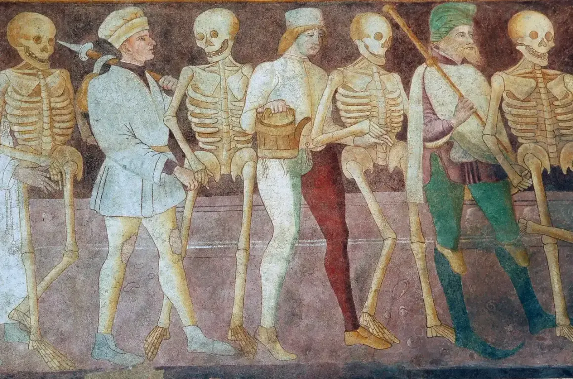 Szkielety i ludzie w średniowiecznych strojach tworzą procesję. To jedne z wielu przykładów danse macabre, ukazujące nieuchronność śmierci.