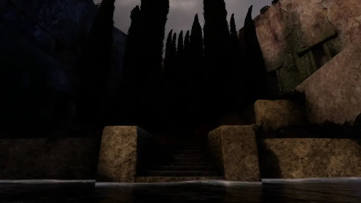 Mroczna, kamienna sceneria przypominająca "Arnold Böcklin Wyspa Umarłych". Woda, schody i cyprysy tworzą atmosferę tajemnicy.