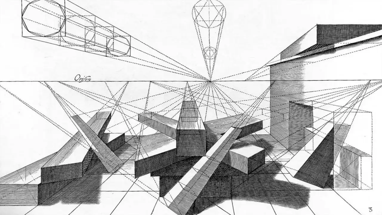 Ilustracja pokazuje, co to perspektywa: geometryczne bryły i linie zbiegające się do punktu zniknięcia, tworząc iluzję głębi.