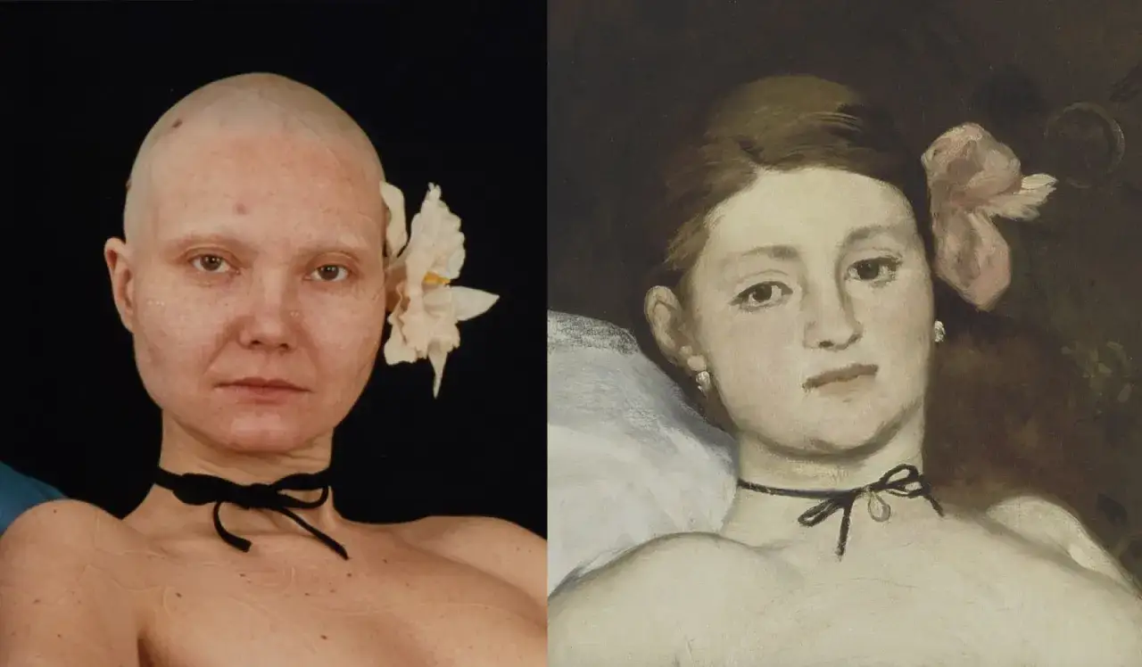 Katarzyna Kozyra Olimpia &ndash; zestawienie fotografii łysiejącej kobiety z obrazem Maneta.
